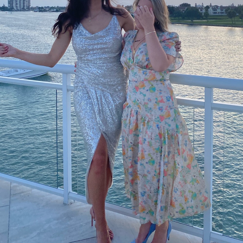 TFNC sequin embellished cowl midaxi high low wrap dress